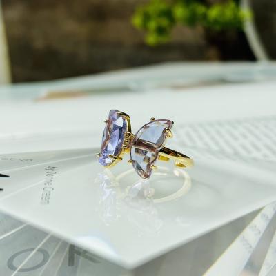 China 2021 Listed DIY Fashion New Women's Glass 14K Crystal Purple Butterfly Ring Acrylic Gold Plated Handmade Opening for sale