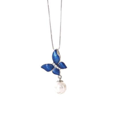 China 925 Silver Butterfly Adjustable Blue Ball Bead Necklace Length Inlaid Pendant Necklace New for sale