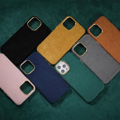 China Luxury Shockproof Plush Suede Leather Fabric Phone Cover For iPhone 12 11 Case With Metal Button Ring For iPhone 13 pro Max Leather Case for sale