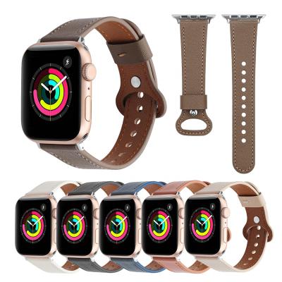 China Luxury Slim Genuine Leather Black White Leather Watch Band Strap For iWatch 6 5 4 Se 44mm Smart Watch Strap 45mm For Apple Watch 7 Wrist Band for sale