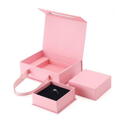 China Jewelry Packaging Custom Logo Jewelry Box Pendant Earrings Package Box Ribbon Handle With Pink for sale