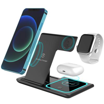 China 15W Convenient 3 in 1 One Foldable Portable Fast Magnetic Wireless Charging Dock Mobile Phone Station Qi Wireless Charger Stand for iPhone for sale