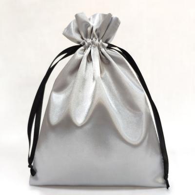 China Custom Gray Satin Wig Pouch With Ribbon Drawstring Silk Bags For Jewelry for sale