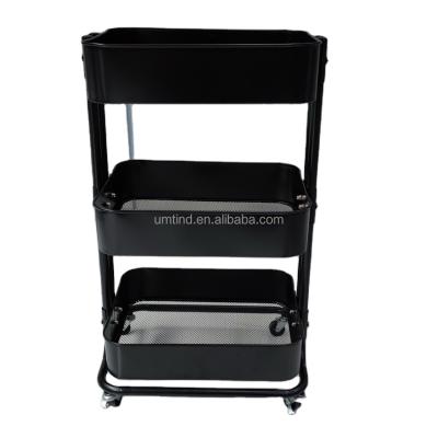 China Stocked Household 3 Tier Black Storage Cart Universal Rack With Wheels for sale