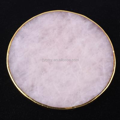 China No Pink Rose Quartz Gemstone Coaster With Golden Rim 8cm Round Heart Shape for sale