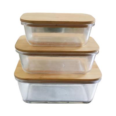 China Wholesale Microwavable Clear Glass Bento Lunch Box Microwave BPA Free Meal Prep Glass Food Containers With Bamboo Lid for sale