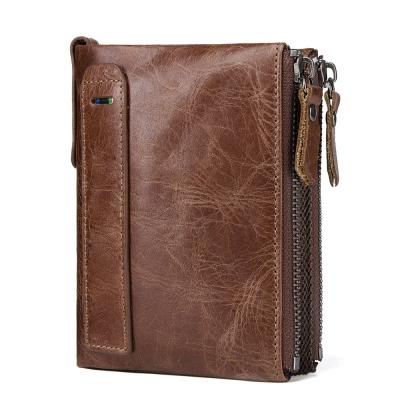 China Custom Double Zipper Pocket Money Holder Wallet Supplier Crazy Horse Leather Mens Purse Gentlemen Wallet With 2 Zipper Pocket for sale