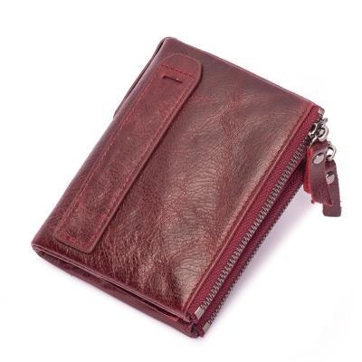 China Crazy Horse Leather Double Zipper Pocket Low MOQ Vintage Small Women Short Wallet Factory Ladies Purse Wallet With Double Zipper Coin Pocket for sale