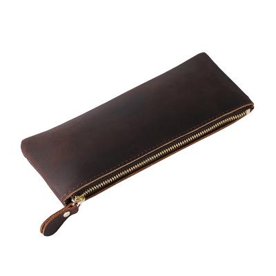 China Schools & Hot Sale Large Capacity Crazy Horse Leather Stationery Offices Marker Pencil Case Pouch Crazy Horse Leather Pen Bag Holder For Teenagers Kids for sale