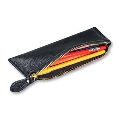 China Schools & Offices Customized Personalized Leather Pencil Case Zipper School Student Pen Pouch Black Large Capacity Cowhide for sale