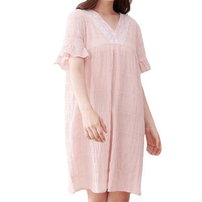 China Summer Recommended Women's Loose Home Thin Pajamas Breathable V-collar Short Sleeve Cotton Nightgown for sale