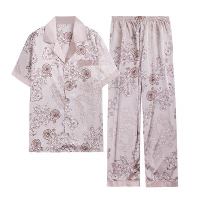 China Hot sale men's short sleeving pajamas QUICK DRY 2 piece spring printed silk ice silk homecare for sale