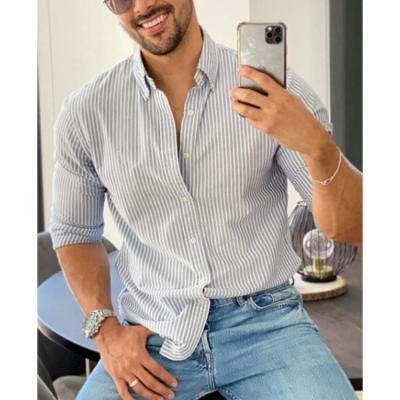 China 2021Recommended spring and autumn men's long sleeve striped shirt lapel long slim shirt for sale