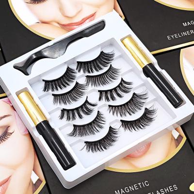 China Wholesale Custom 5 Pairs 3D 5D 25mm Long Natural Magnetic False Eyelashes Kit With Liner Mink Natural Vegan Cruelty Free Faux Silk Fiber for sale