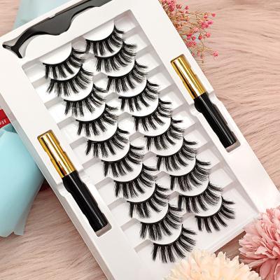 China Wholesale Natural 10 Pairs 3D Long Private Label High Quality Fiber False Mink Natural Vegan Magnetic False Eyelashes Set With Eyeliner for sale