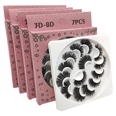 China Durable Up To 25-30 Times 3D 5D 25mm Premium Fiber Silk Strip Eyelashes 7 Pairs Set With Custom Packing for sale