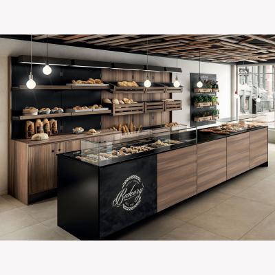 China Customized Indoor Wooden Bakery Display Island Warmer Wooden Counter Shelves Rack Basket Bread Display Showcase for sale