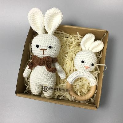 China Crochet Bunny Set Teether Gifts Amigurumi Wooden Toys TK Safety Teething Natural Handmade Wooden Baby Rattle Baby Gifts for sale