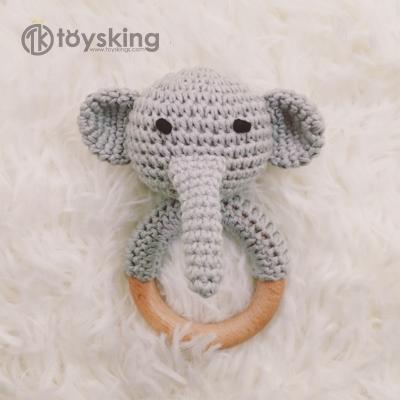 China 100% Handmade Healthy Rattle TK Cotton Crochet Baby Rattle Toy with Beech Teether Amigurumi Wooden Elephant for sale