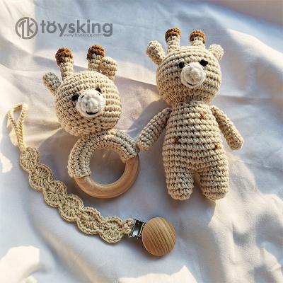 China Cute Natural Knitting Rattle Ring Teether Set Baby Gifts TK Custom Wooden Teether Diy Cartoon Deer Elephant Baby Crochet Rattle for sale