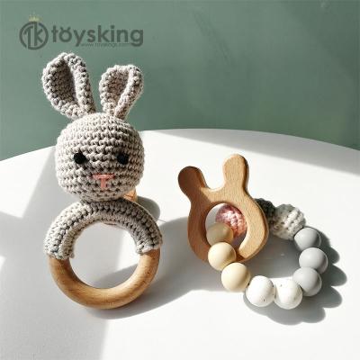 China Infant Nursing Bracelets Baby Gifts Silicone Beads Ring Teething Wood Rattles Wooden Teether Crochet Baby Soft Toy for sale