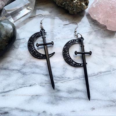 China Hot Selling Neo-Gothic Black DIY Sword Crescent Moon Hook Earrings Amazon Zinc Alloy Gothic Cross Jewelry Stud Earrings For Women Wholesale for sale