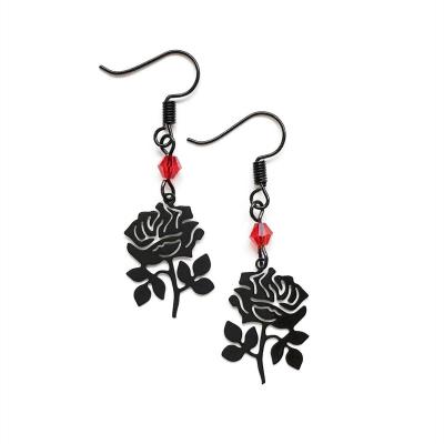 China Gothic Revival Jewelry Victorian Black Rose Flower With Glass Beads Drop Dangle Earrings Romantic Valentine's Day Gifts For Women for sale