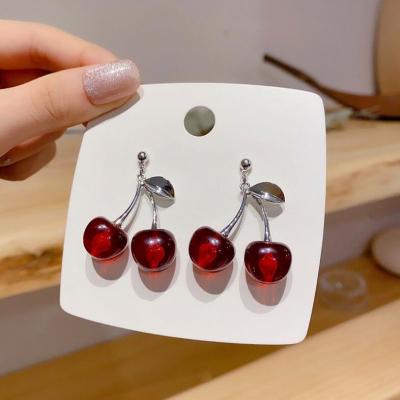 China New Fashion Cute Simple Korean Simple Jewelry Red Cherry Fruit Earrings Leaf Leaf Earrings Jewelry For Female for sale