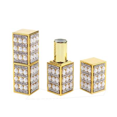 China Gold In Pearl Stock Luxury Leather Stickers Diamond Square Lipstick Tube Empty Container Ready To Ship for sale