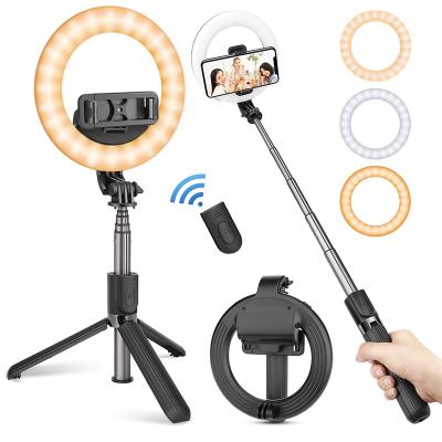 China Aluminum+PC Aluminum+PC Extendable Radio Photography Lighting Foldable Remote Handheld Thumb Tile Selfie Stick LED Ring Light For Android Tripods 5 for sale