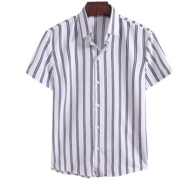 China Summer Custom Anti-Pilling Mens Broadcloth Shirts Short Sleeve White Vertical Striped Shirt for sale