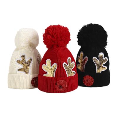 China 2021 COMMON Wholesale Cute Reindeer Beanie Cap Winter Hat Christmas Sequin Knitted Wool Hats For Kids for sale