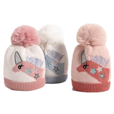 China COMMON Cute Unicorn Embroidered Winter Beanie Hat for Babies Pom Pom Faux Fur Ball Warm Knitted Hats for sale