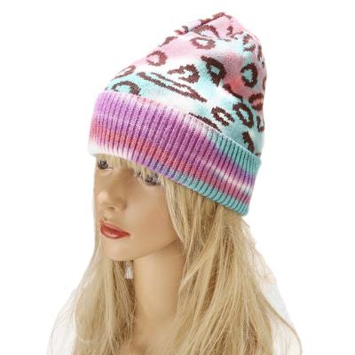 China Women Winter COMMON Hats Tie Dye Copy Beanie Thick Knitted Soft Warm Leopard Leopard Ski Cap for sale