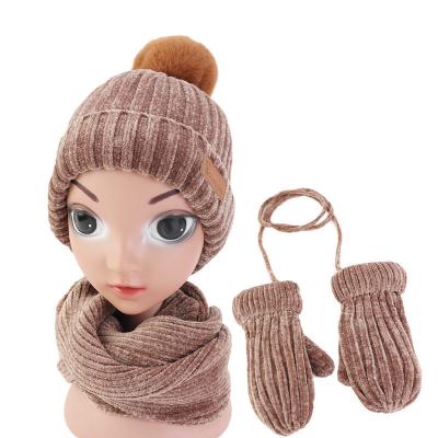 China Medium Wholesale Kids Winter Hats and Scarves and Gloves Sets Boys Girls Chenille Knitted Beanie Fur Linner Cap for sale