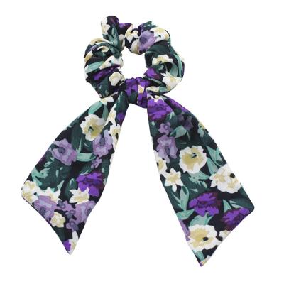 China Popular Wholesale Elegant Hair Accessories Floral Print Hair Scrunchies With Ribbon Tied Scarf Hair Ties for sale