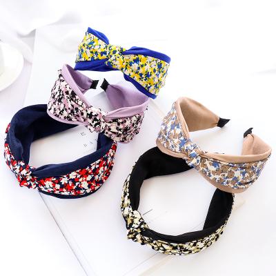 China Japan and Korean style 2021 Korean bow knot headband floral print spring new style wide headband fashion women head wear for sale