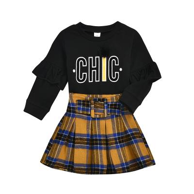 China Letter Print Casual Girls Autumn Spring Boutique Long Sleeves T-shirt With Checked Skirt Clothing Sets for sale