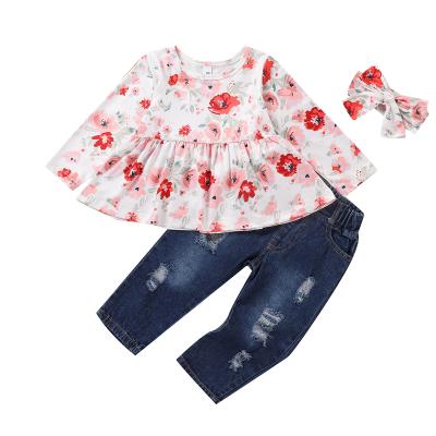 China Wholesale Casual 3 Pieces Long Sleeve Outfit Kids Floral Top +Denim Pants Long + Headband Girls Clothing Sets for sale