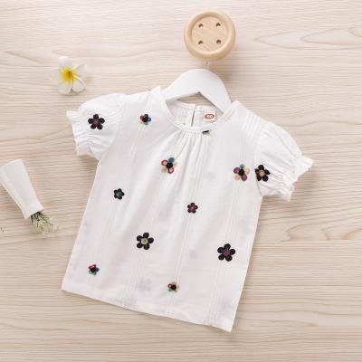 China Summer QUICK DRY Korean white short sleeve blouse bubble flower girl pure color embroidered children's T-shirt for sale