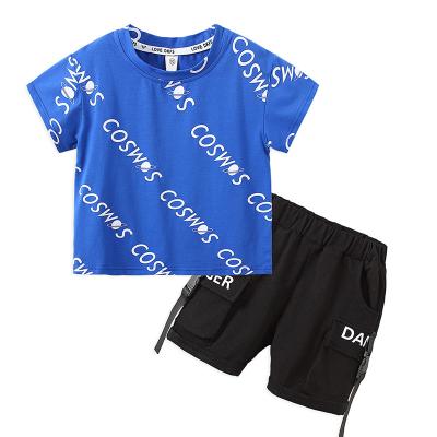 China Smart Casual Summer Printed Letters Fashion Round Neck Blue Boys Jogger Sets Wholesale Boutique Kids Sets for sale