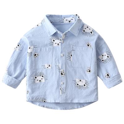 China Attractive Anti-wrinkle Letter Printed Cat Kids Blue Long Sleeve Cotton OEM Boys Fashion Shirts for sale