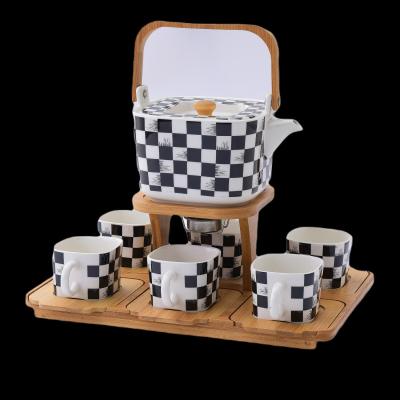 China Viable Custom Marble Porcelain Tea Cup Set with Ceramic Teapot Coffee Cup Tea Sets with Bamboo Cup and Saucer Holder W for sale