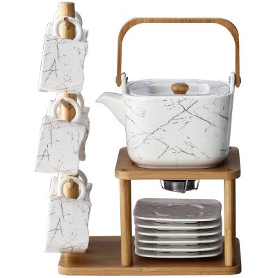 China OEM Design Marble Design Sustainable Teapot Tea Set Ceramic Teapot Set Coffee Set With Bamboo Shelf for sale