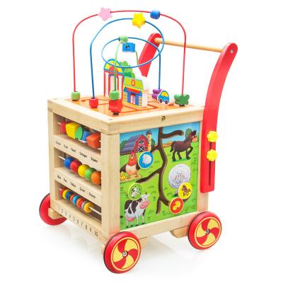 China Speed ​​Wood Adjustable Anti-rollover Cube Activity Walker Trolley Baby Wooden Toys For 10-24 Months for sale