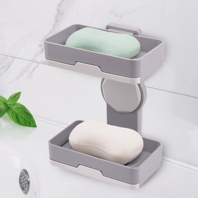 China Wholesale Modern Adhesive Wall Mount ABS Double Soap Dish Household Bathroom Household Plastic Soap Dish Holder With Drain Tray for sale