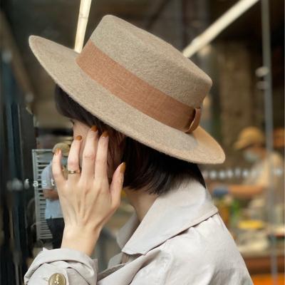 China New image Korea style and wide brim Japan oatmeal color flat surface hat custom wool Fedora Hat for sale