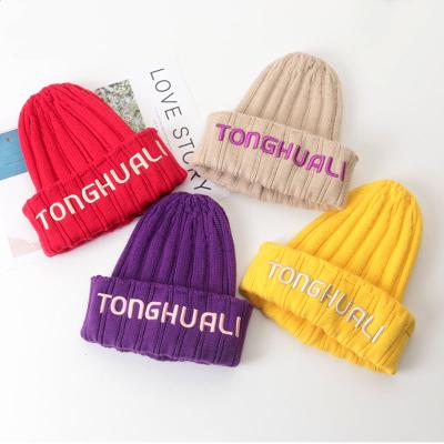 China Picture Knitted Winter Hat Baby Beanie Letter Embroidery Plain Weave Kids Loose Snapback Hats for sale