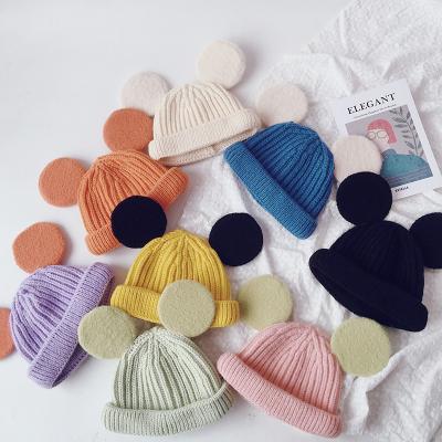 China Kids Knitted Brimming Beanie Plain Weave Mickey Big Ear Wool Hats Picture Winter Kids Hats for sale