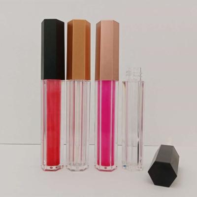 China New Low Moq Matte Black Hexagon Lip Gloss Cosmetic Unique Packaging Empty Bottle Rose Gold Lip Gloss Container Tubes With Magic Wands Brush 4ml for sale